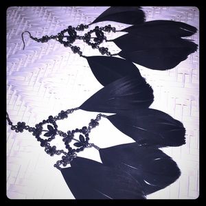 Bebe black feather with rhinestone earrings SALE