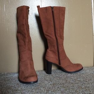 Camel knee high heeled boots