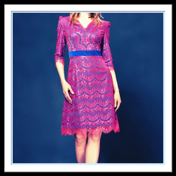 🎀Lovely in Lace - Stretch Blue & Pink Lace Dress