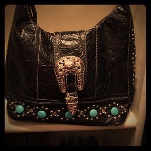 Black western purse with silver, turquoise accents