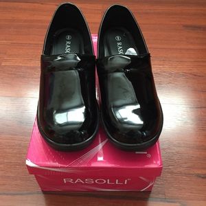 Brand new black patent clogs