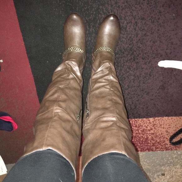 Brown leather over the knee stud boots