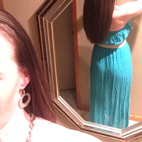 Turquoise floor length sundress with belt - Picture 3 of 4