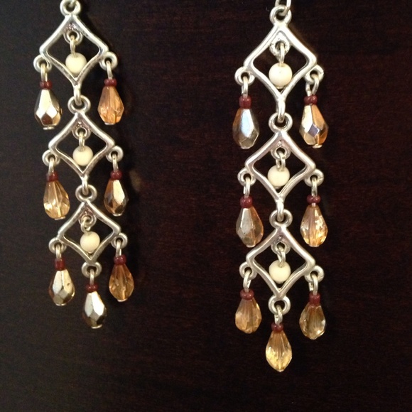 Silver, brown, and white beaded earrings