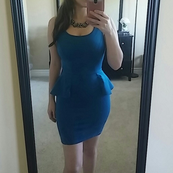 Blue Bodycon Lace Peplum Dress