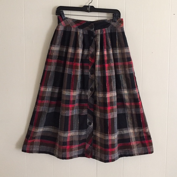 Vintage Plaid Midi Button Down Skirt.
