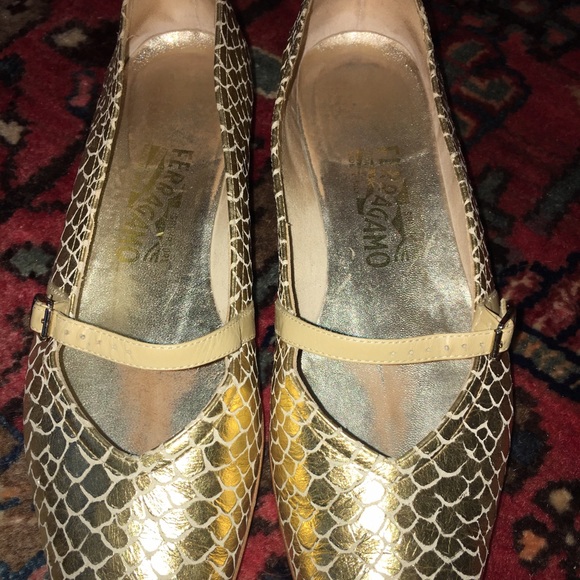 Salvatore Ferragamo vintage gold Python flats