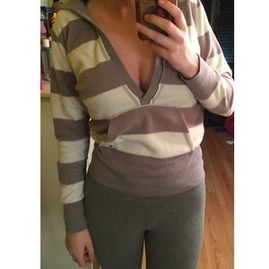 Grey and White hooded V-neck Top