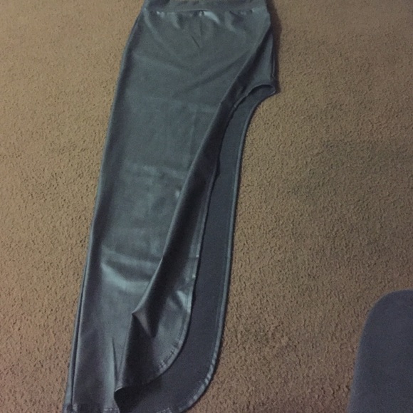 Black slit leather skirt , black .