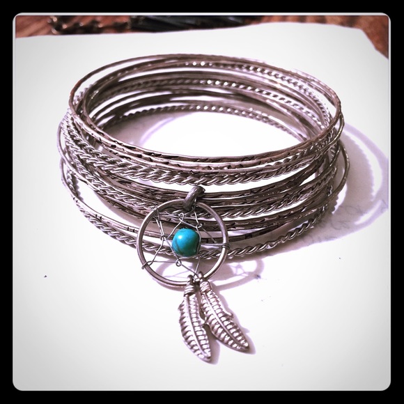 Boho Bangle Stack in Silver and turquoise.