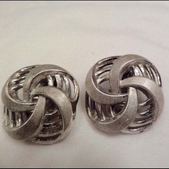 Signed TRIFARI Silver Pinwheel Clip Earrings