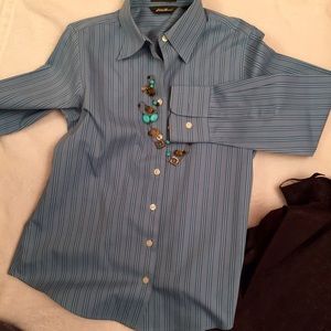 Eddie Bauer Blue Striped Women's Blouse Petite XS