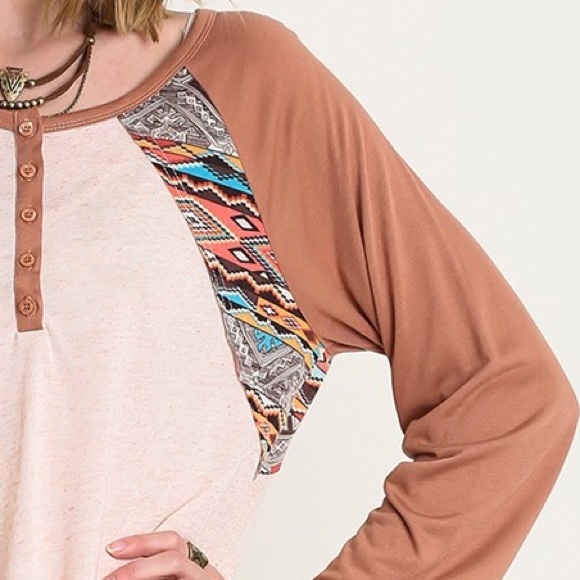 π Boho Henley Baseball Top with Aztec Trim, Mauve - Picture 3 of 4