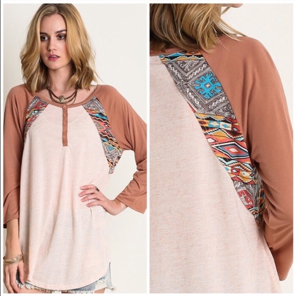 π Boho Henley Baseball Top with Aztec Trim, Mauve - Picture 2 of 4