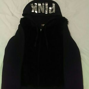 Furry black PINK large sweatshirt zip up