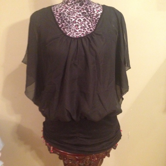 Black semi-sheer, split sleeve, waisted black top
