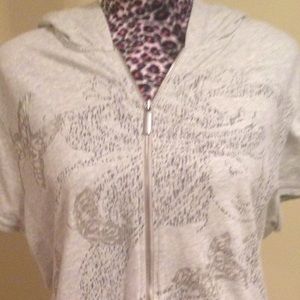 Grey hooded, zipped, short sleeve top