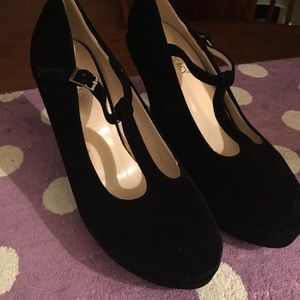 Black suede T strap wedges