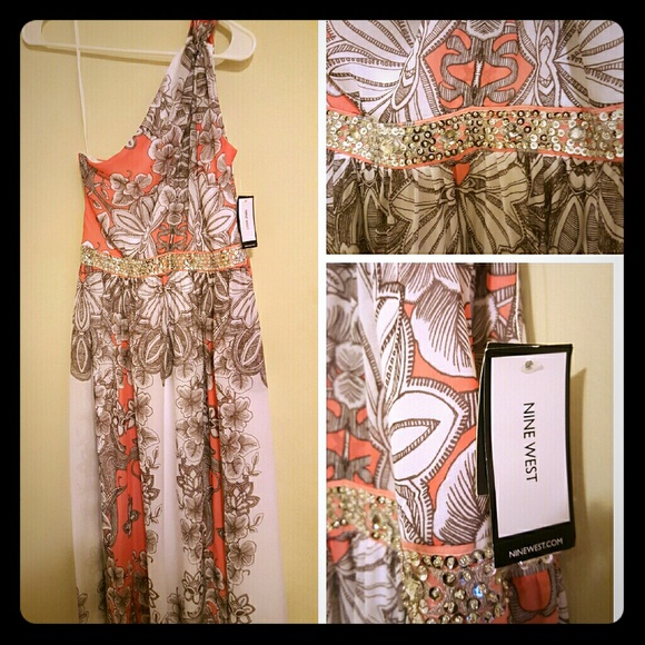 Nine West One Shoulder Jeweled Gown, Size 4 NEW