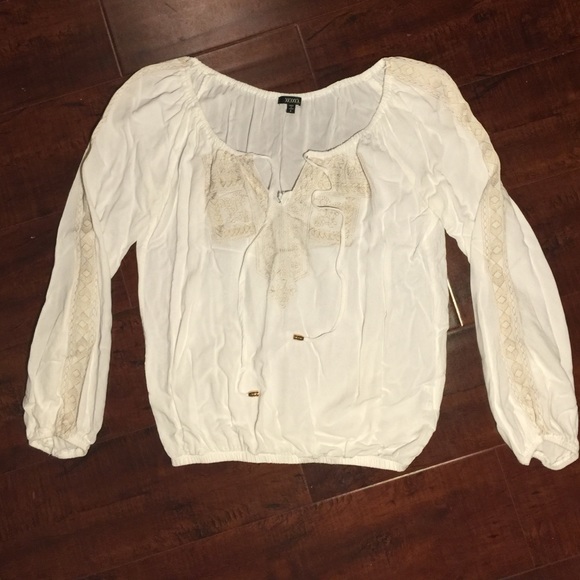White Boho Blouse with Gold Embroidery