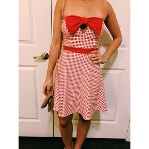 Red and white plaid strapless dress
