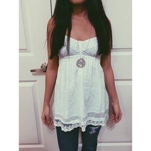 White boho spaghetti strap  blouse with lace