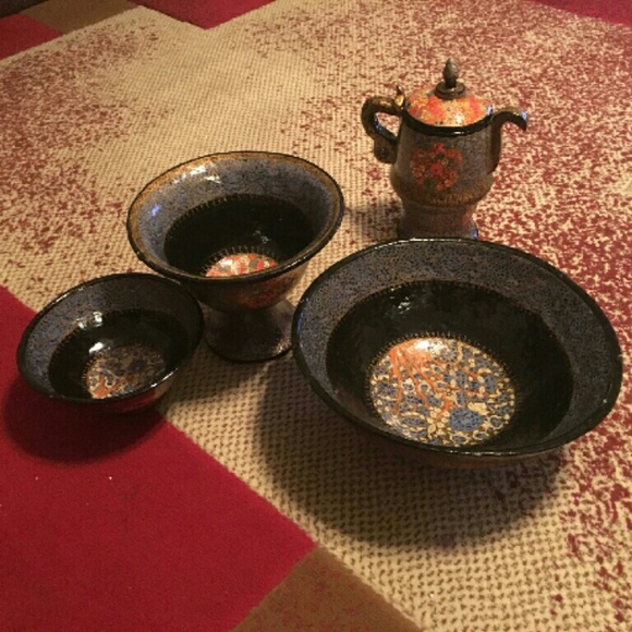 A set of paper mache handmade kashmir bowls & tea