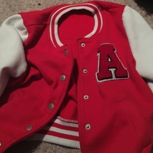 Red and white letterman style jacket