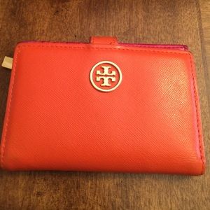 Auth. Tory Burch Wallet Orange Saffiano Leather