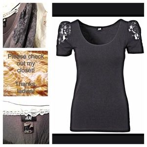 Grey Lace Cap Sleeve Shirt Top H&M Divided Cotton