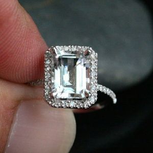 Emerald cut White Topaz Diamond Halo ring