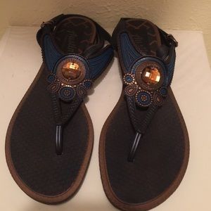 Denim colored, gold accented sandals