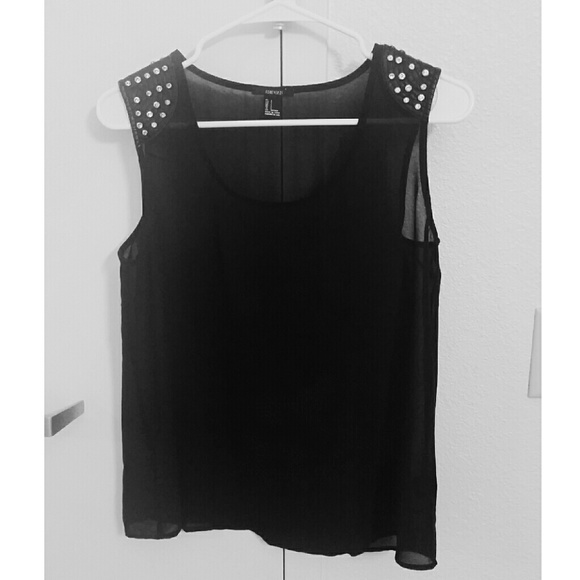 Rhinestone Leather Shoulder Sheer Black Tank Top