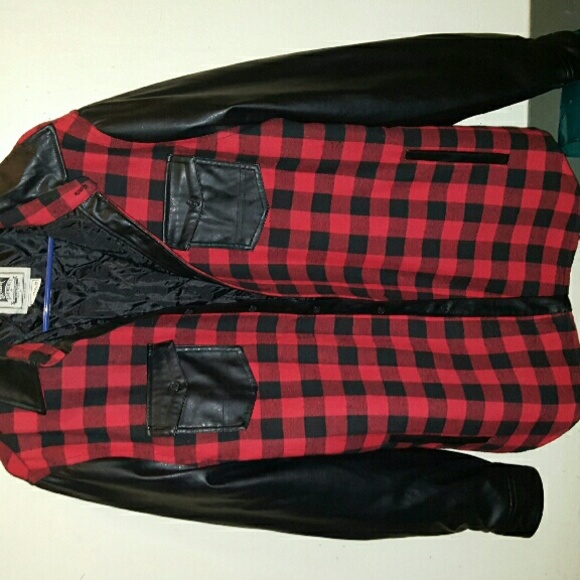 Mens red plaid and leather jacket