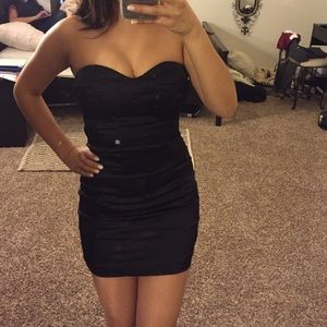 Black Satin Bebe Bodycon Dress