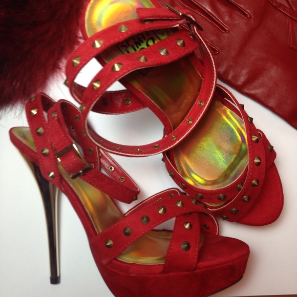 Speed Limit 98 Shoes - 🌹New, Unworn! Red + Gold Heels w/ studded straps!