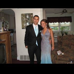 Turquoise beaded open back prom gown!