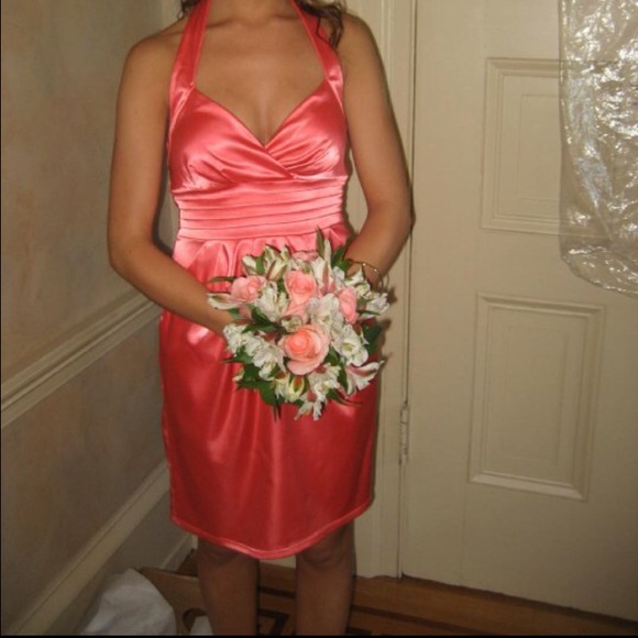 Coral halter satin dress