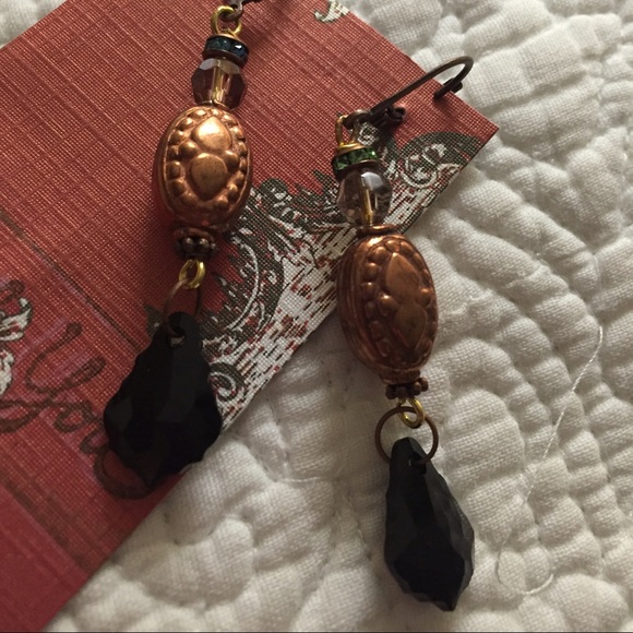 Black crystal ,copper bead dangle earrings