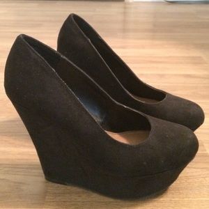 CANDIES BLACK, TALL SUEDE-LIKE WEDGES