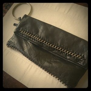 Black leather and chain bebe wristlet