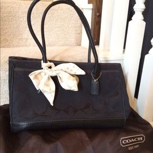 Coach black satchel with beige two-tone scarf