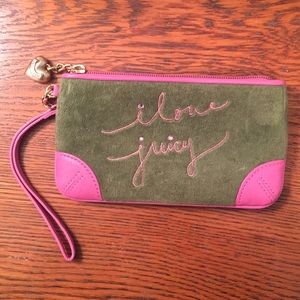 Juicy Couture Green Velvet Wristlet with Pink