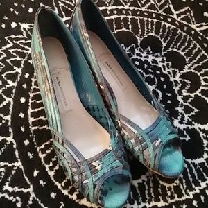 Blue faux leather/ leather peep toe wedges