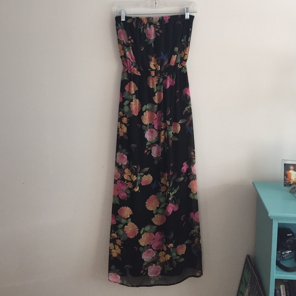 Black flowered strapless maxi dress