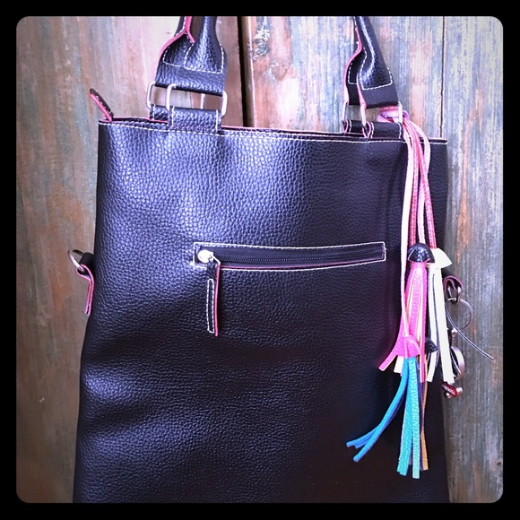 Black leather tote with fringe leather tassels