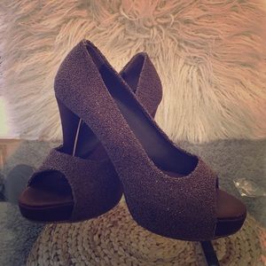 Glittery open toe heels