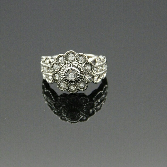 White Gold plated Center CZ Cocktail Ring New