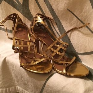 Tory Burch gold metallic strappy heels