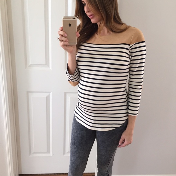 Tops - Sold • Navy & Cream Striped Nude Suede Top